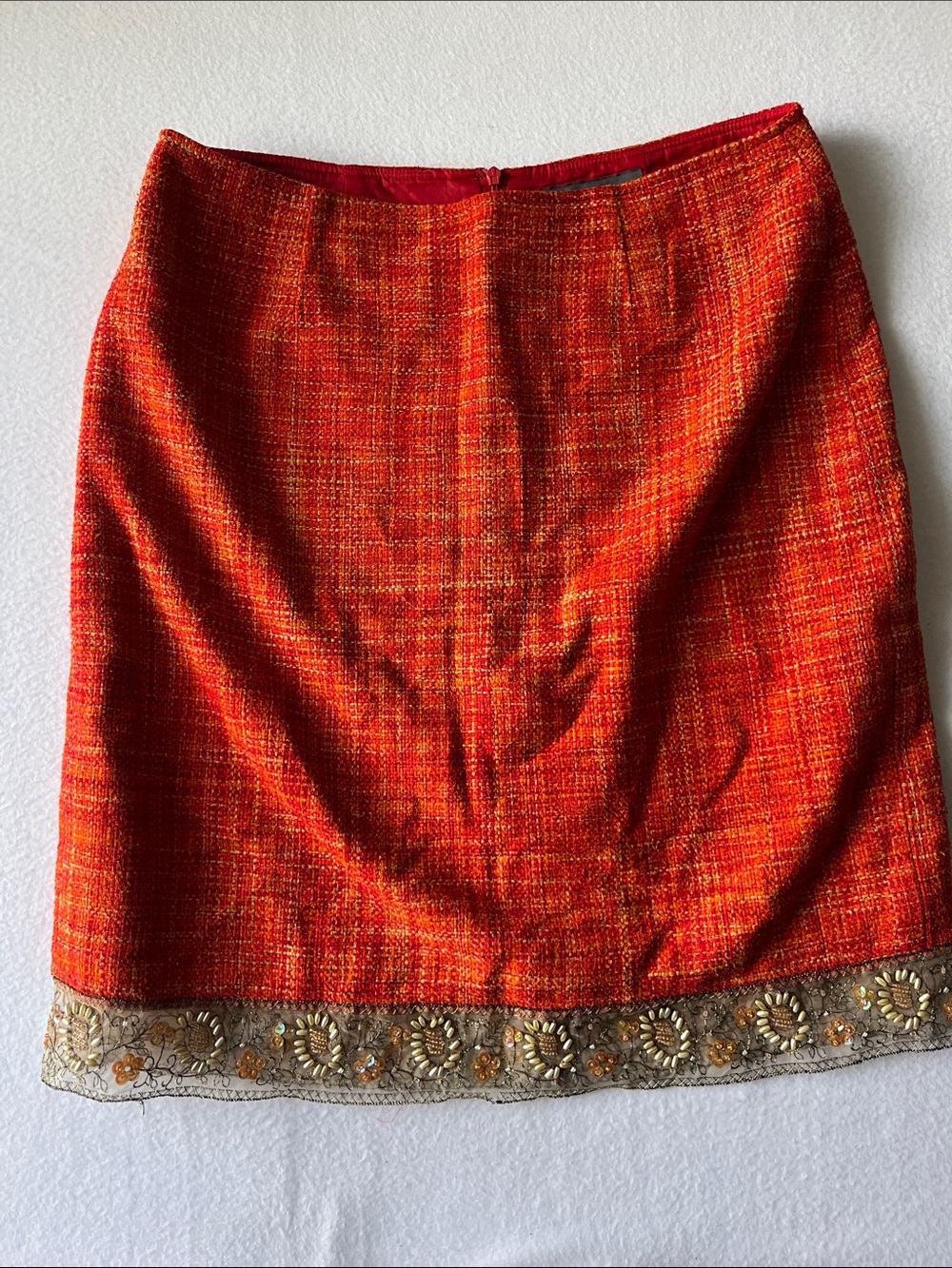 Josephine Chaus Orange Tweed Silk Mini Skirt with Embellished Hem
